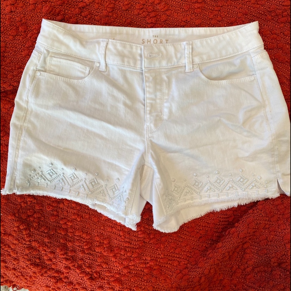 WHBM white denim shorts with beaded leg detail